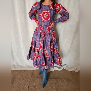 Long Sleeve Cinched Waist Pleated Ruffle Hem Floral Print Dress